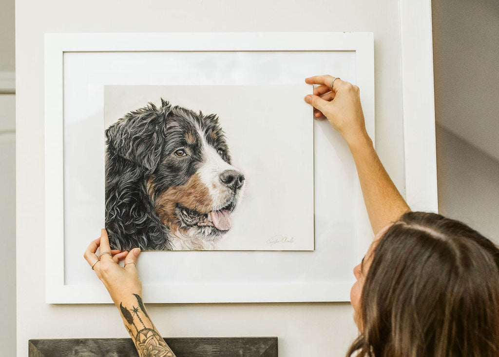 Artist Crystal Clarke hanging up a print of a Bernese Mountain Dog