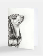 Black and white drawing of a dog on a white background