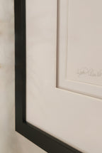 Signed framed original drawing showcasing black contemporary frame and white double matting with spacer for deer