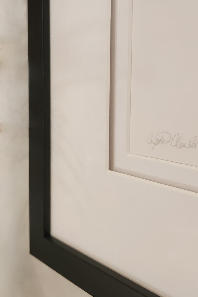 Signed framed original drawing showcasing black contemporary frame and white double matting with spacer for deer