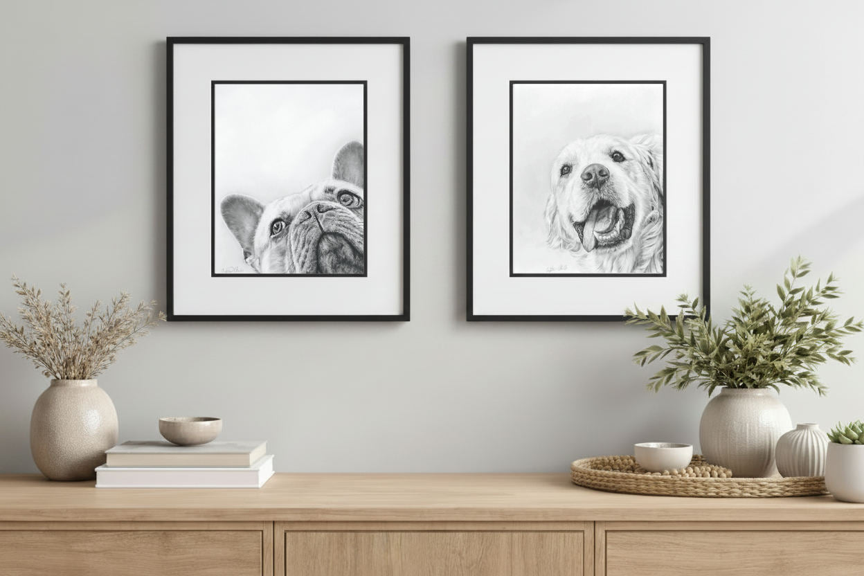 The Dog Duo fine art prints French Bulldog and Golden Retriever framed on wall by Crystal Clarke