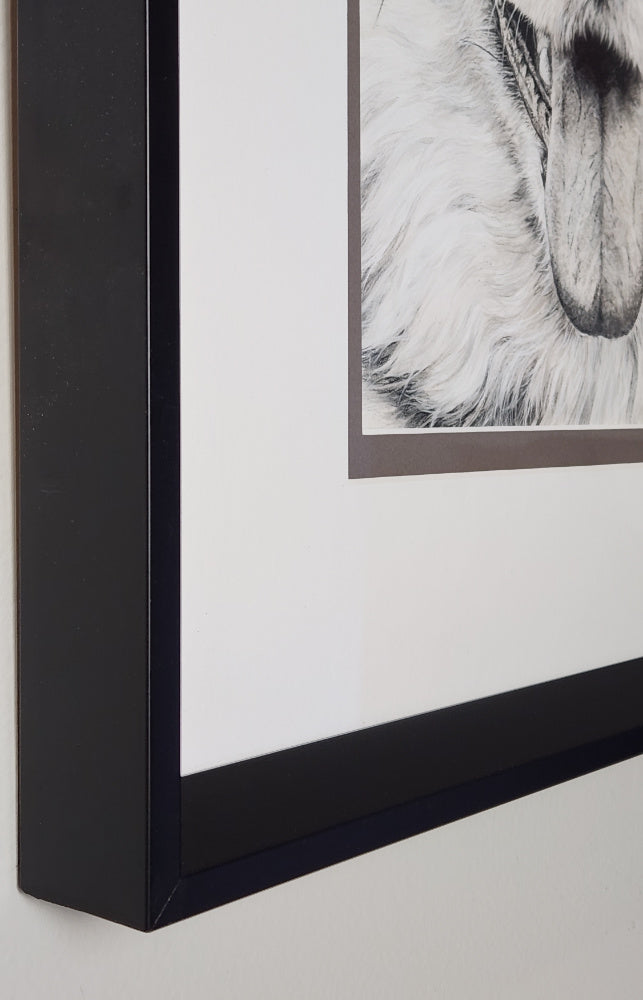 Close-up of a framed black and white artwork on a plain background