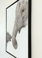 Canvas print featuring a drawing by Crystal Clarke of an elephant mom and calf holding trunks