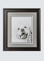 Framed black and white portrait of a dog on a light gray background