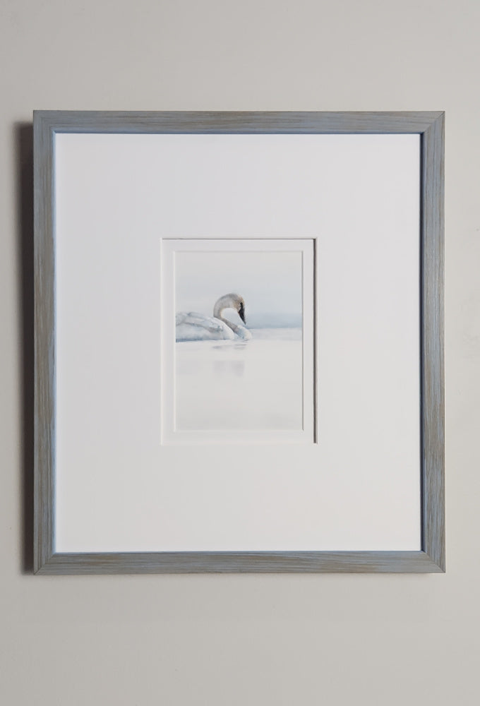 Framed artwork of a swan on a light gray wall