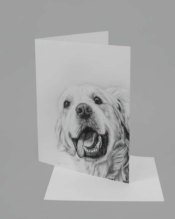 Greeting card with a black and white illustration of a dog on a white background