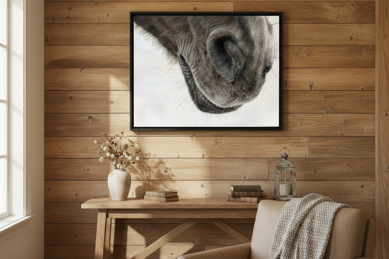 A framed canvas print of a horse's nose, drawn from Crystal Clarke hung on wall 