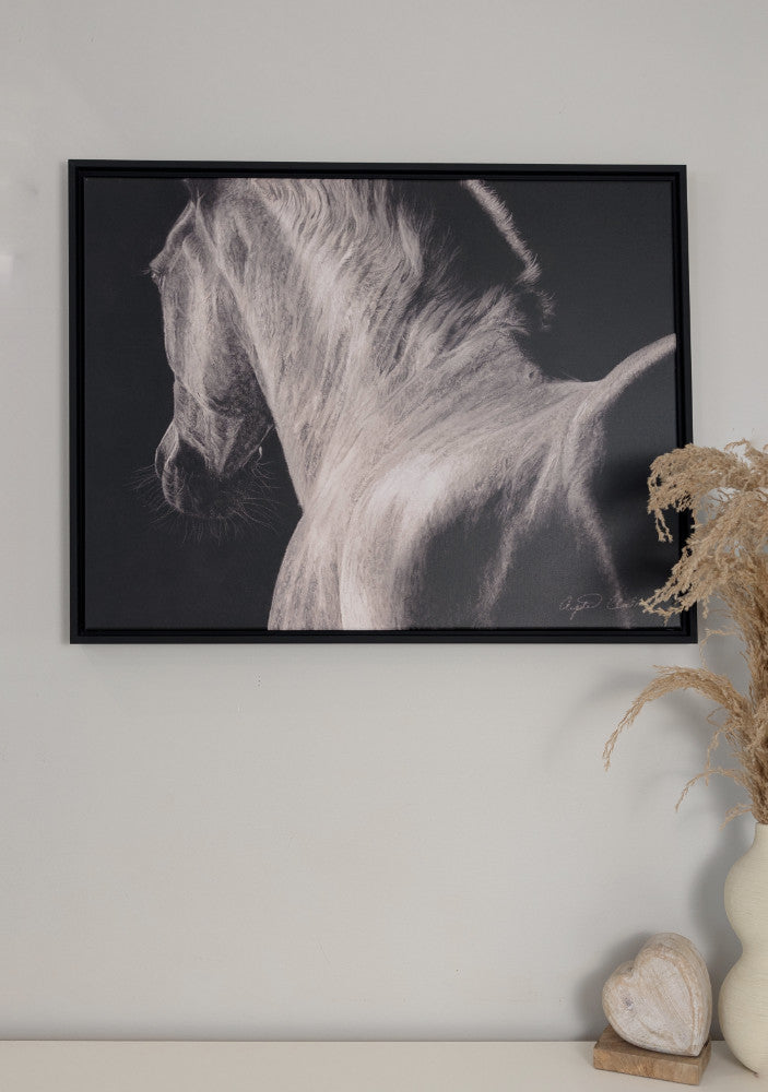In the Rising Darkness horse canvas print full view black and white artwork by Crystal Clarke on wall 