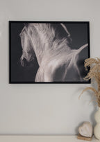In the Rising Darkness horse canvas print full view black and white artwork by Crystal Clarke on wall 