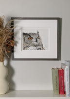 Framed picture of an owl on a shelf with books and a vase.