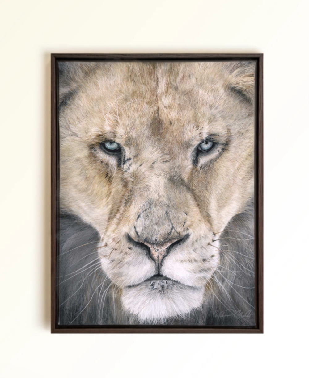 lion art canvas print with espresso frame on wall