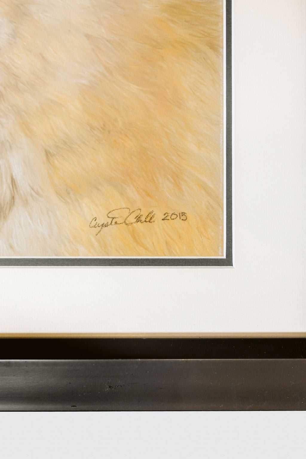 Framed artwork with a signature and date on a white background