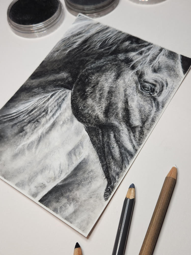 Pastel drawing of a horse on paper with art supplies on a white surface