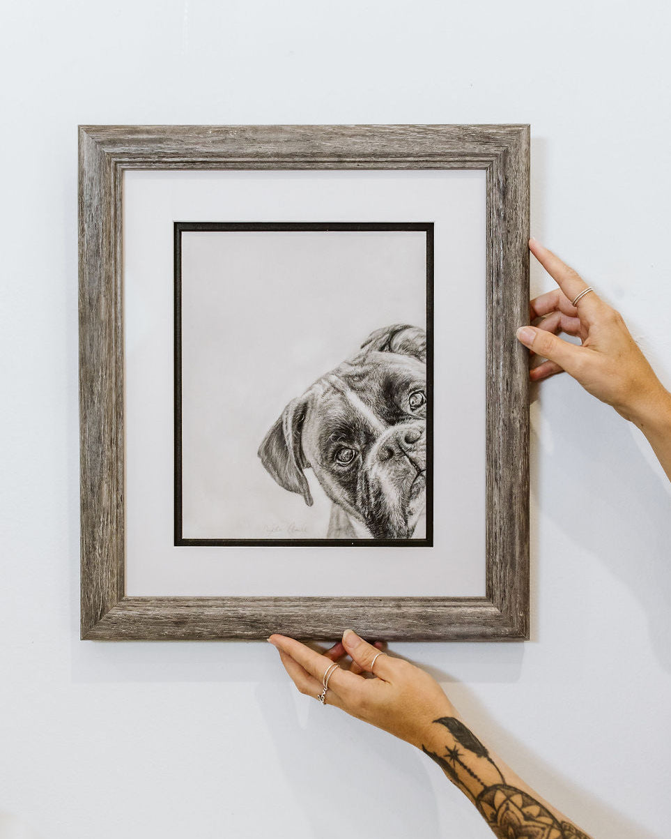Person holding a framed black and white boxer dog drawing against a white wall