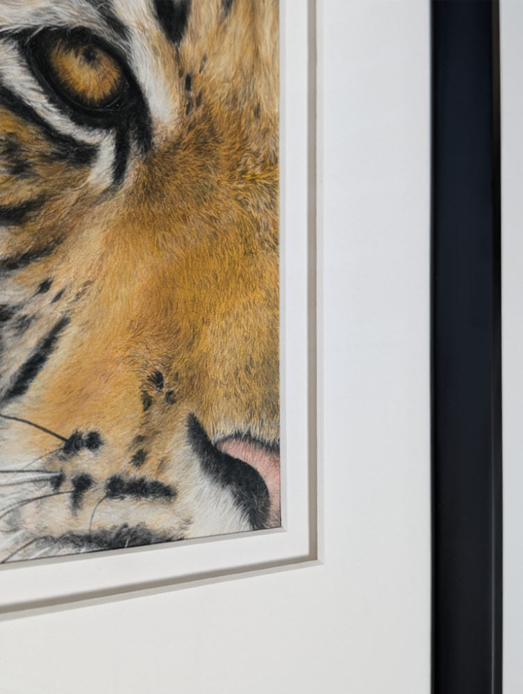 Close-up of a framed painting of a tiger's face on a white wall.