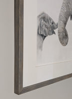 Framed artwork of two elephants embracing on a plain background 