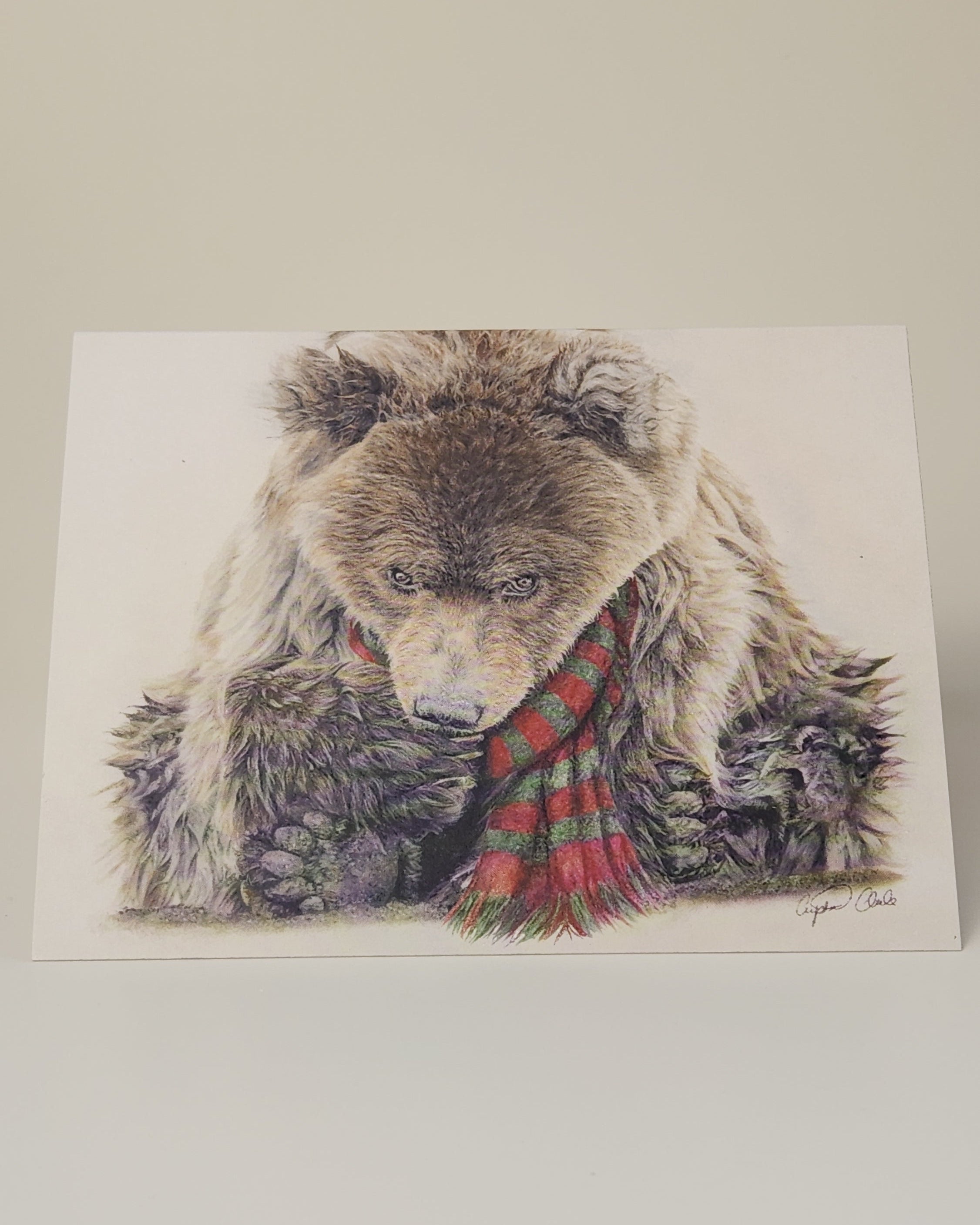 Drawing of grizzly bear with scarf greeting card