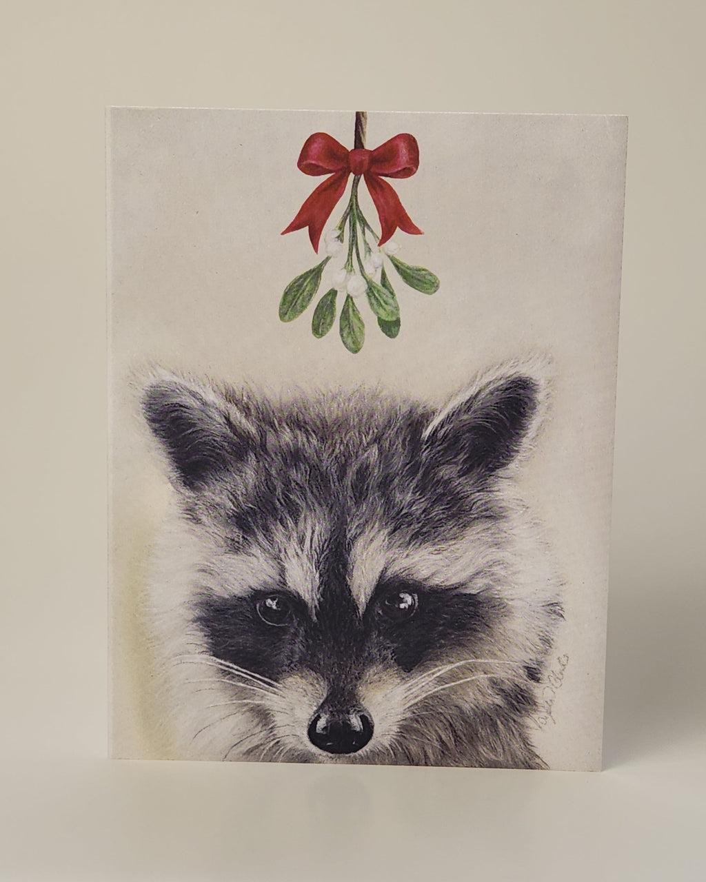 Racoon drawing with mistletoe above 
