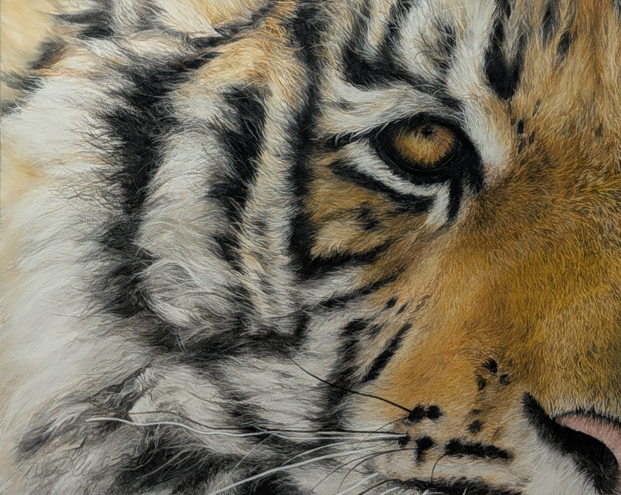 Close-up of a tiger's face with detailed fur and eye drawn in pastel
