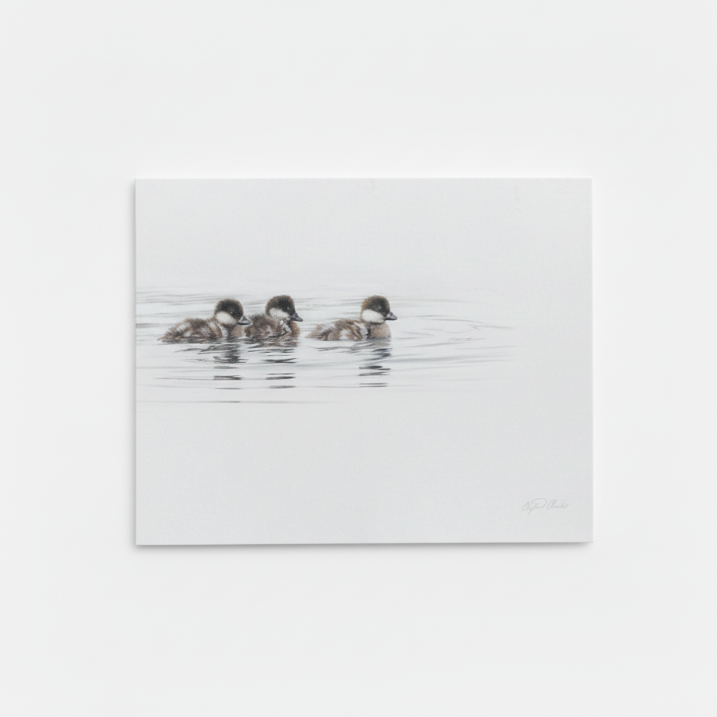 Three ducks floating on a calm body of water with a white background