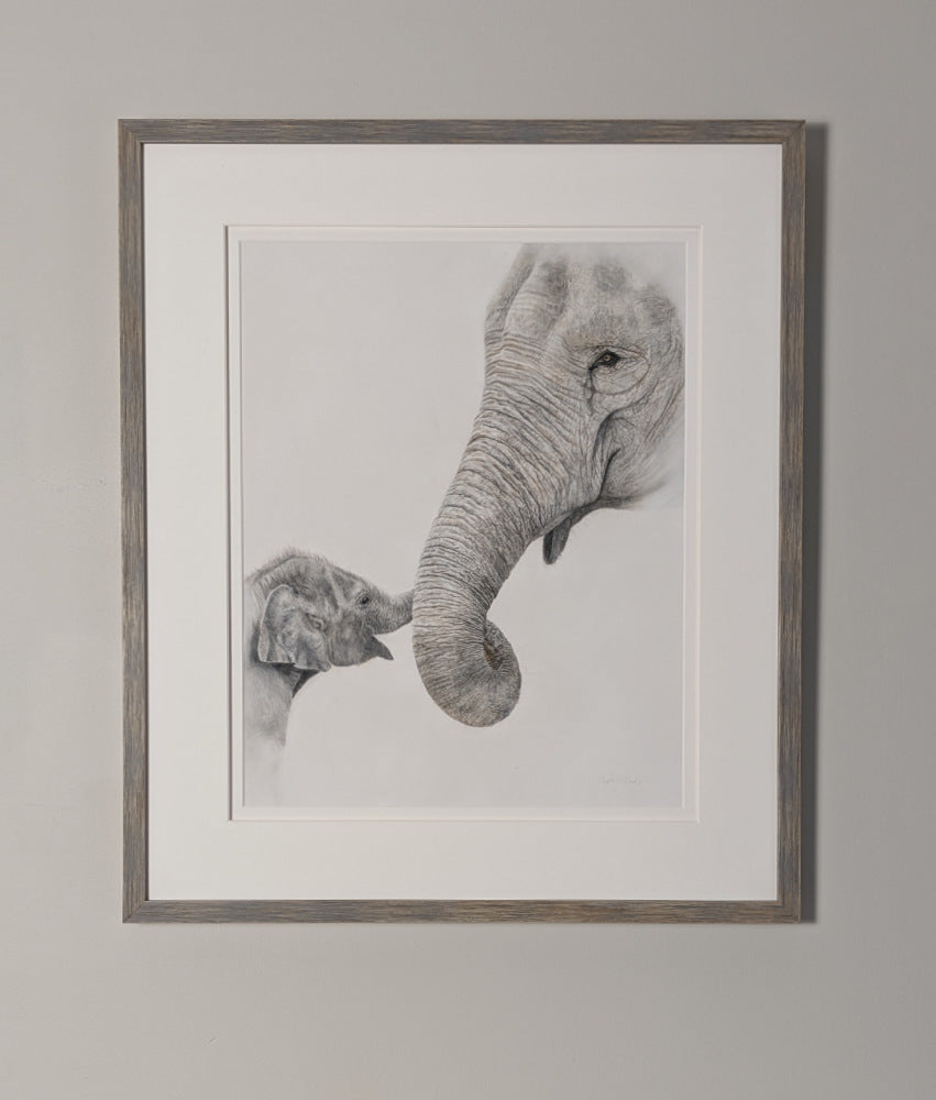 Framed artwork of two elephants on a gray wall