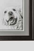 Framed black and white drawing of a dog's face on a gray background