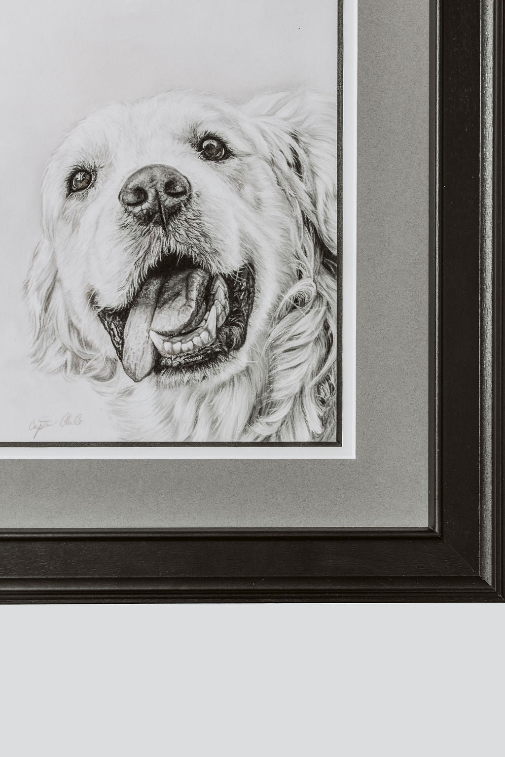 Framed black and white drawing of a dog's face on a gray background