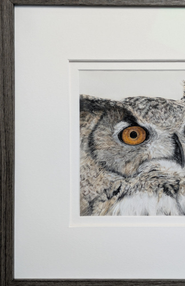 Framed artwork of an owl with a detailed brown frame.