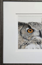 Framed artwork of an owl with a detailed brown frame.