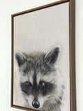 A framed canvas print of a raccoon, featuring detailed gray, black, and white fur with a dark brown wooden frame, hanging on a white wall.