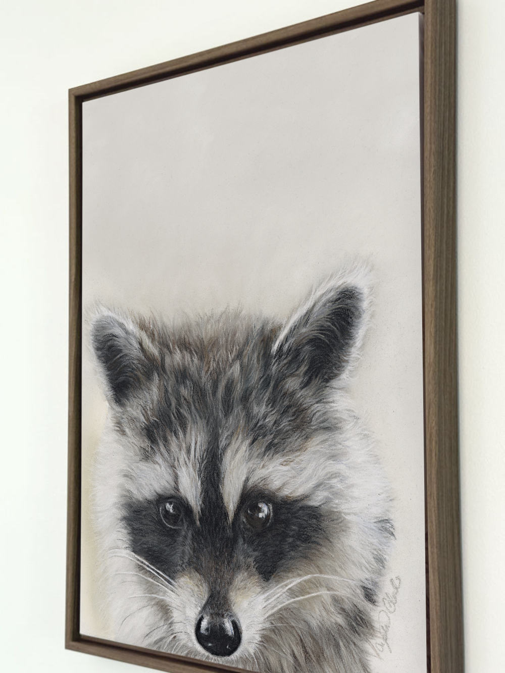 A framed canvas print of a raccoon, featuring detailed gray, black, and white fur with a dark brown wooden frame, hanging on a white wall.