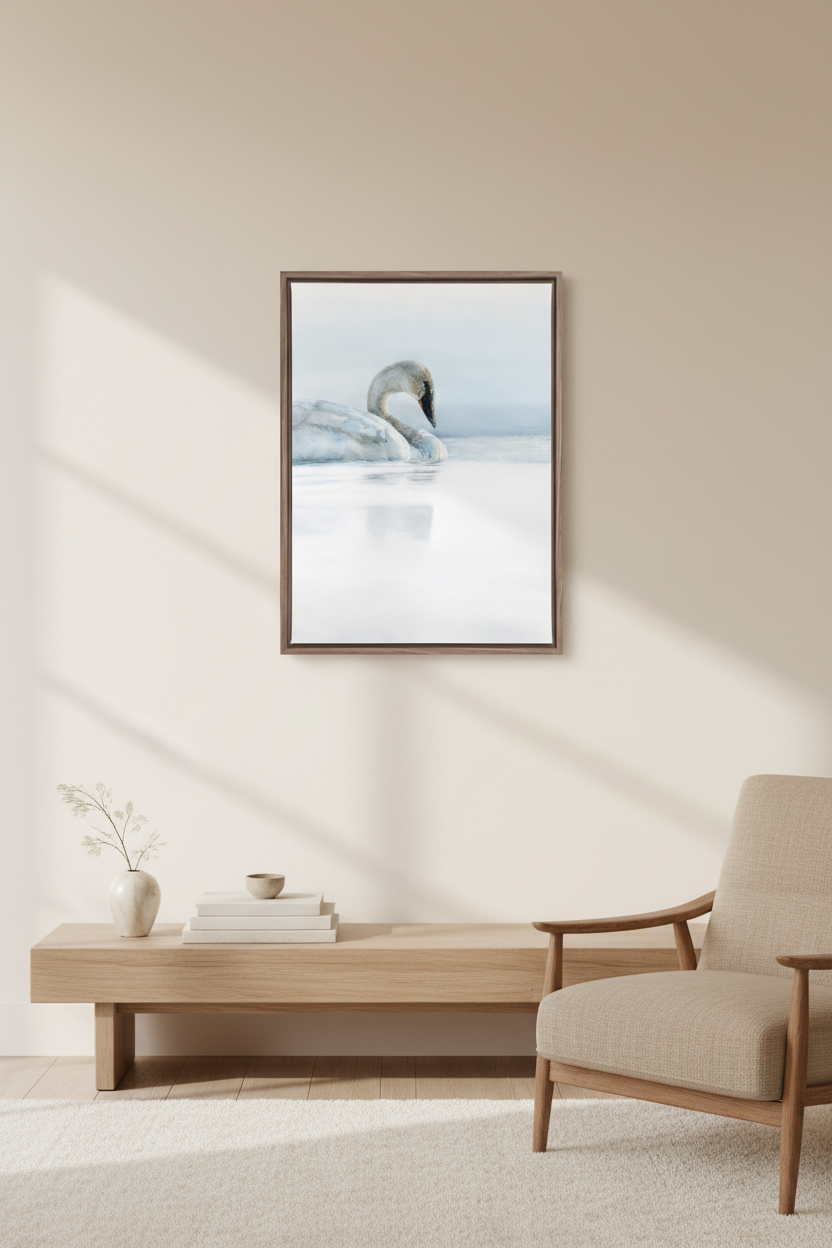 Canvas Print of a swan floating serenely on water with soothing blues throughout the entire piece. Drawn by Crystal Clarke in a room 